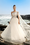 Champagne One Shoulder Appliqued Long Formal Dress with Side Cape