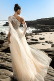 Champagne One Shoulder Appliqued Long Formal Dress with Side Cape