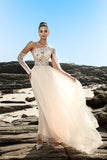 Champagne One Shoulder Appliqued Long Formal Dress with Side Cape
