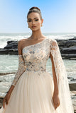 Champagne One Shoulder Appliqued Long Formal Dress with Side Cape