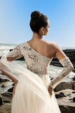 Champagne One Shoulder Appliqued Long Formal Dress with Side Cape