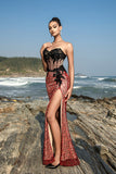 Sparkly Sweetheart Burgundy Corset Mermaid Long Formal Dress with Slit