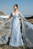 Sparkly Blue V-Neck Sheath Long Formal Dress with Cape Sleeves