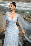 Sparkly Blue V-Neck Sheath Long Formal Dress with Cape Sleeves