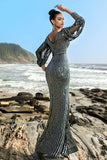 Sparkly Green 3/4 Sleeve Mermaid Long Formal Dress with Slit