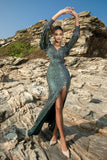 Sparkly Green 3/4 Sleeve Mermaid Long Formal Dress with Slit