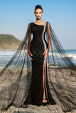 Sparkly Black Mermaid Sequins Cape Sleeves Long Formal Dress with Slit