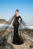 Sparkly Black Mermaid Sequins Cape Sleeves Long Formal Dress with Slit