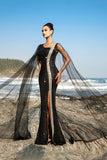 Sparkly Black Mermaid Sequins Cape Sleeves Long Formal Dress with Slit