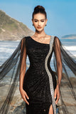 Sparkly Black Mermaid Sequins Cape Sleeves Long Formal Dress with Slit