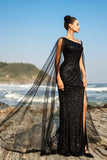 Sparkly Black Mermaid Sequins Cape Sleeves Long Formal Dress with Slit