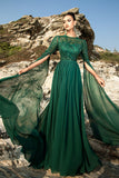 Sparkly Dark Green A Line Chiffon Cape Sleeves Long Formal Dress