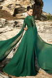 Sparkly Dark Green A Line Chiffon Cape Sleeves Long Formal Dress