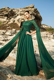 Sparkly Dark Green A Line Chiffon Cape Sleeves Long Formal Dress