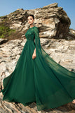 Sparkly Dark Green A Line Chiffon Cape Sleeves Long Formal Dress