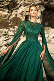 Sparkly Dark Green A Line Chiffon Cape Sleeves Long Formal Dress