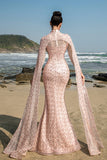 Sparkly Blush Mermaid Sequins Long Sleeves Formal Dress