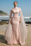 Sparkly Blush Mermaid Sequins Long Sleeves Formal Dress