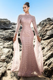 Sparkly Blush Mermaid Sequins Long Sleeves Formal Dress
