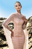 Sparkly Blush Mermaid Sequins Long Sleeves Formal Dress