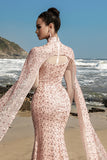 Sparkly Blush Mermaid Sequins Long Sleeves Formal Dress