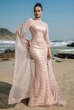 Sparkly Blush Mermaid Sequins Long Sleeves Formal Dress