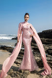 Sparkly Pink Mermaid Sequins Long Formal Dress with Cape Sleeves
