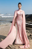 Sparkly Pink Mermaid Sequins Long Formal Dress with Cape Sleeves