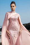 Sparkly Pink Mermaid Sequins Long Formal Dress with Cape Sleeves