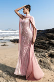 Sparkly Pink Mermaid Sequins Long Formal Dress with Cape Sleeves
