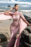 Sparkly Pink Mermaid Sequins Long Formal Dress with Cape Sleeves
