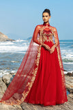 Sparkly Red A Line Appliqued Long Formal Dress with Detachable Cape