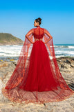 Sparkly Red A Line Appliqued Long Formal Dress with Detachable Cape