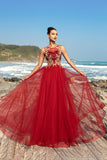 Sparkly Red A Line Appliqued Long Formal Dress with Detachable Cape