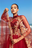 Sparkly Red A Line Appliqued Long Formal Dress with Detachable Cape