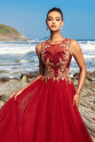 Sparkly Red A Line Appliqued Long Formal Dress with Detachable Cape