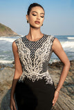 Sparkly Black Mermaid Appliqued Long Formal Dress with Detachable Cape