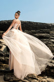 Sparkly Blush Spaghetti Straps Mermaid Long Formal Dress with Cape