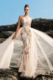 Sparkly Blush Spaghetti Straps Mermaid Long Formal Dress with Cape
