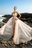 Sparkly Blush Spaghetti Straps Mermaid Long Formal Dress with Cape