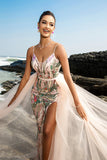 Sparkly Blush Spaghetti Straps Mermaid Long Formal Dress with Cape