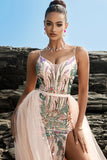 Sparkly Blush Spaghetti Straps Mermaid Long Formal Dress with Cape