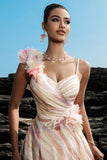 Sparkly Apricot A Line Sequin Long Formal Dress with 3D Flowers