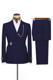 Navy Notched Lapel 2 Pieces Slim Fit Men Formal Suits with Lapel Chain