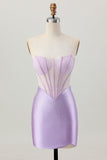 Lilac Beaded Strapless Corset Short Satin Homecoming Dress
