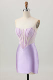 Lilac Beaded Strapless Corset Short Satin Homecoming Dress