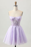 Sparkly A Line Strapless Sequins Lace Up Back Mini Lilac Homecoming Dress with Beading