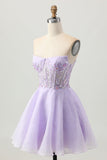 Sparkly A Line Strapless Sequins Lace Up Back Mini Lilac Homecoming Dress with Beading