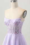 Sparkly A Line Strapless Sequins Lace Up Back Mini Lilac Homecoming Dress with Beading