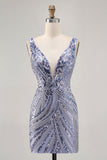 Sparkly Lilac V-Neck Sequins Bodycon Homecoming Dress